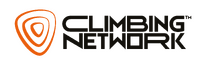 Logo voor Climbing Network met opvallende zwarte tekst en een abstract oranje driehoekig ontwerp met afgeronde hoeken en concentrische lijnen aan de linkerkant.
