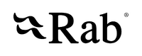 Zwart Rab-logo met twee golvende lijnen links van de tekst, alles op een witte achtergrond. De letter R is een hoofdletter en rechtsboven staat het symbool voor een geregistreerd handelsmerk.