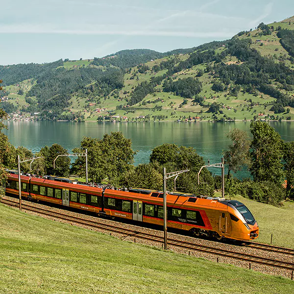 Een oranje trein rijdt door groene heuvels langs een rustig meer, met beboste bergen en hier en daar een huis op de achtergrond onder een heldere hemel.
