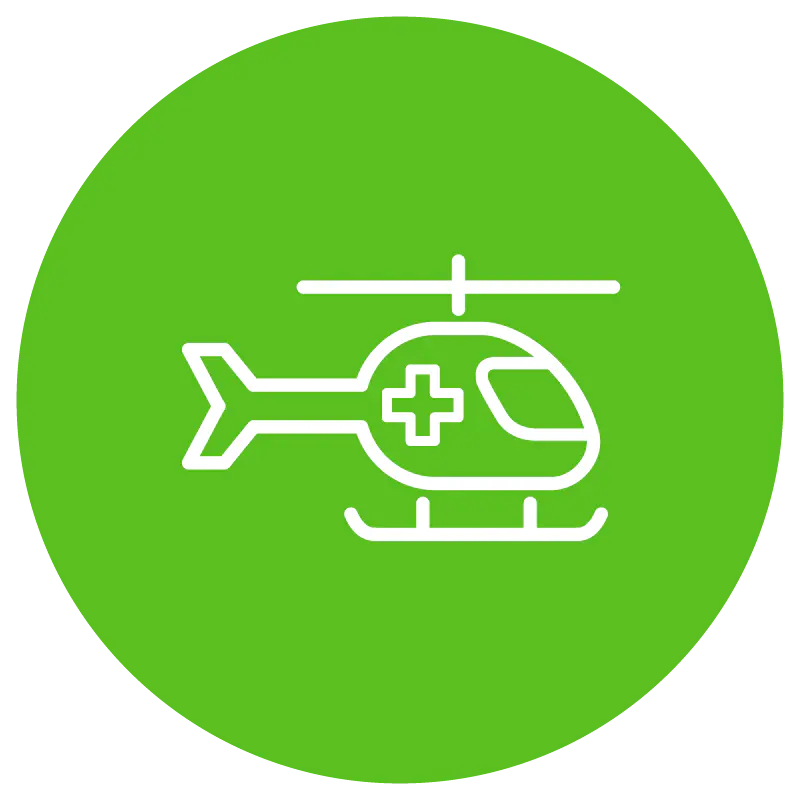 Pictogram met een witte lijn van een medische helikopter op een groene ronde achtergrond.