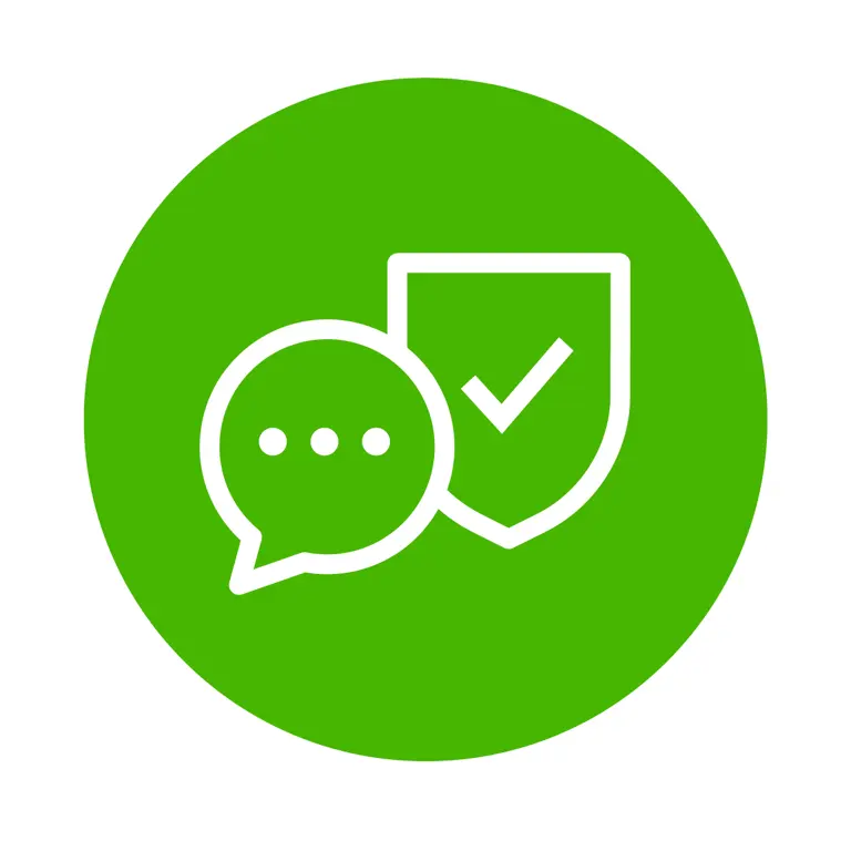 Een groene cirkel met een wit tekstballonnetje en een schild met daarin een vinkje, dat staat voor veilige of geverifieerde communicatie.