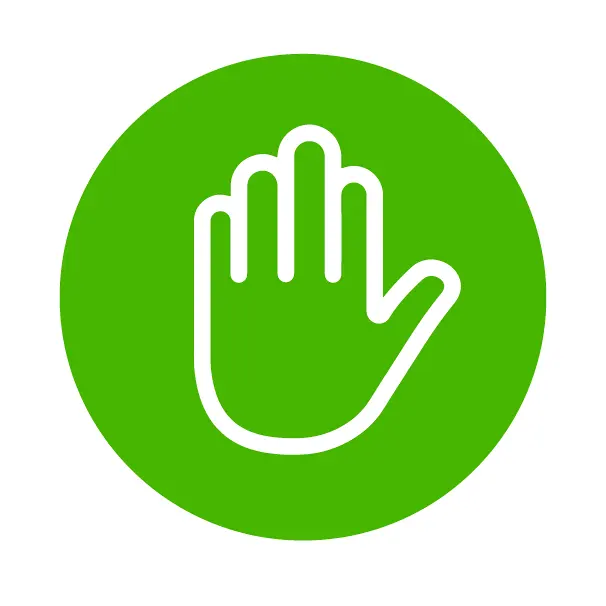Een wit handpictogram, met de handpalm naar voren gericht, gecentreerd op een groene cirkel.