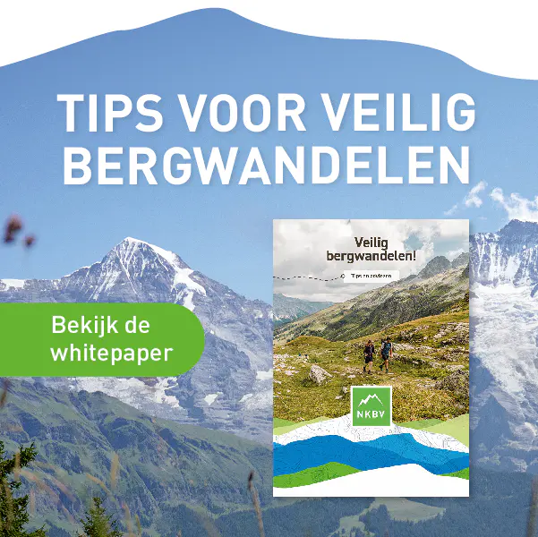 Omslag van de whitepaper 'Tips voor veilig bergwandelen' met wandelaars in een berglandschap.