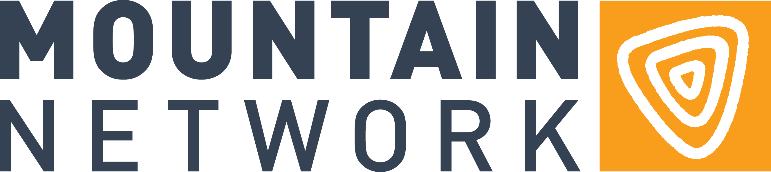 Logo met de woorden ‘Mountain Network’ in vetgedrukte, donkere letters. Rechts daarvan staat een oranje vierkant met een witte, gestileerde, gelaagde driehoek die lijkt op een berg of topografische lijnen.
